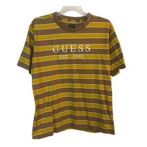 GUESS Striped T-Shirt Mens Large Brown Gold Retro Y2K Streetwear